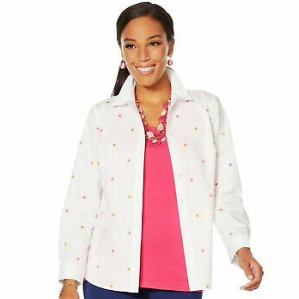Lemon Way White Multicolored Embroidered Polka Dot Button Down Size Small